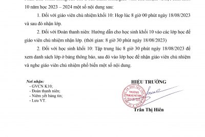 Thông báo tập trung học sinh khối 10 năm học 2023-2024