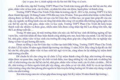 Thư ngỏ hướng tới kỉ niệm 30 năm thành lập trường THPT Phan Chu Trinh (26/8/1994-26/8/2024)