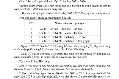 Thông báo học sinh lớp 10 năm học 2025-2026 đăng ký nhóm môn học lựa chọn và xem lớp
