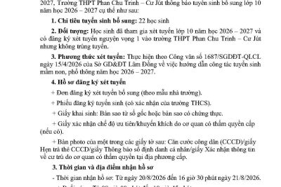 Thông báo tuyển sinh bổ sung lớp 10 năm học 2026 – 2027
